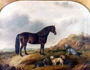 A Pony and three Terriers in a landscape by G. Jackson