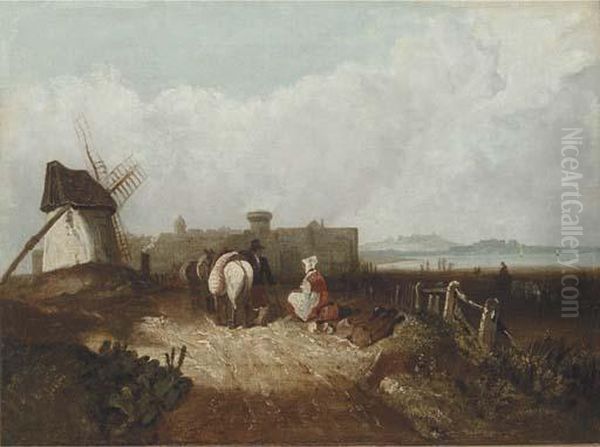 Figures Resting By A Windmill, A Fortified Town Beyond - view 1