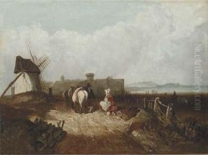 Figures Resting By A Windmill, A Fortified Town Beyond by Richard Parkes Bonington