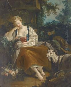A Shepherdess Resting In A Wooded Clearing by Francois Boucher