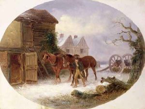 Boy leading horses to a barn in the snow by Thomas Smythe
