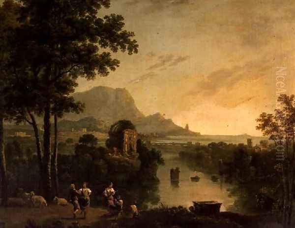 Coastal landscape at evening with shepherds and shepherdesses dancing - view 1