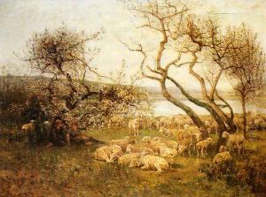 Tending The Flock In A Blossoming Landscape by Louis-Aime Japy