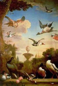 A Mallard and a Golden Eagle in a Classical Garden Landscape by Melchior de Hondecoeter