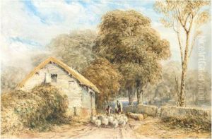 A Shepherd And Sheep By A Barn On A Country Road by David I Cox
