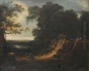 Heuvelachtig Landschap Met Reizigers In De Buurt Van Water En Dorp by Jacques D Arthois