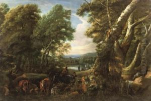 A Wooded Landscape With Shepherds And Cattle Resting Near Alake by Jacques D Arthois