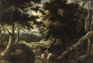 A Forest Landscape With An Elegant Company On A Falcon Hunt by Jacques D Arthois