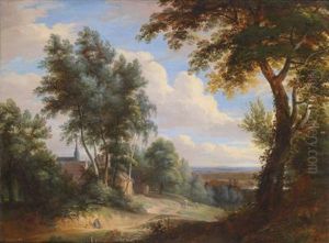 Hugelige Landschaft Miteinem Dorf Zwischen Baumen Und Weitem Ausblick Hugelige Landschaft Miteinem Dorf Zwischen Baumen Und Weitem Ausblick