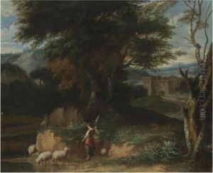 A Wooded Landscape With A Shepherdess Tending Her Flock, A Castlebeyond