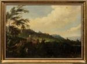 Bewaldetehugellandschaft Mit Wanderern Vor Einer Burg by Jacques D Arthois