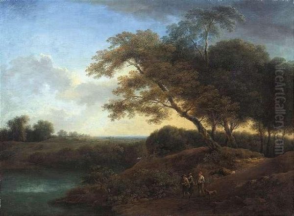 De . An Extensivewooded Landscape With A Lake And Travellers On A Path - view 1