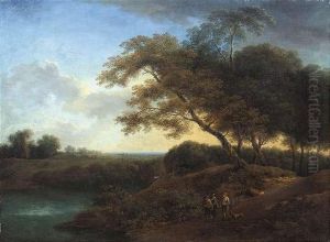 De . An Extensivewooded Landscape With A Lake And Travellers On A Path by Jacques D Arthois