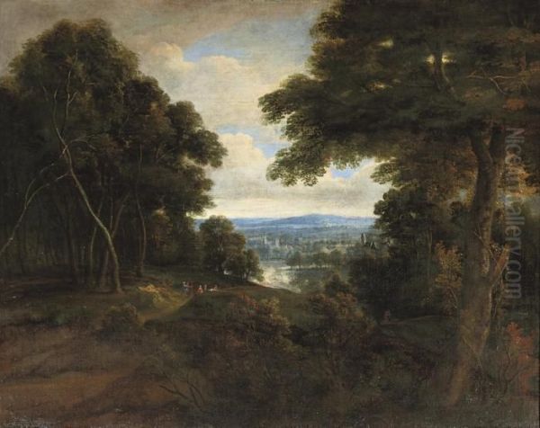 An Extensive Wooded Landscape With Travellers On A Path by Jacques D Arthois