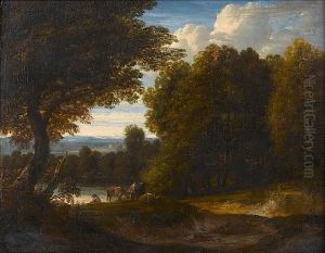 An Italianate Landscape With A Drover And His Cattle Beside A River by Jacques D Arthois
