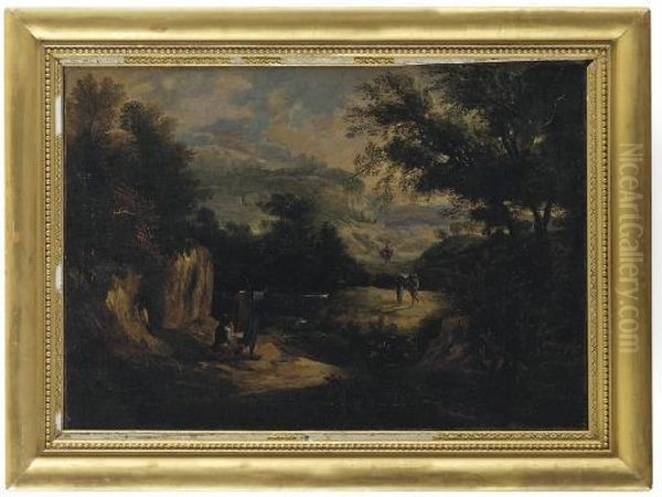 An Extensive Mountainous Landscape With Travellers On A Path - view 1