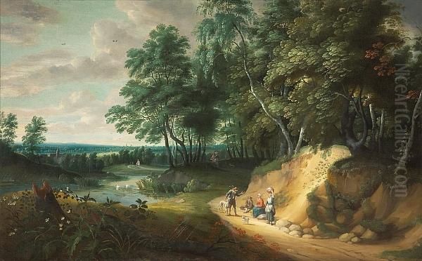 An Extensive Wooded Landscape With Figures Conversing On A Path by Jacques D Arthois