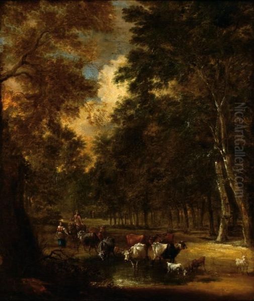 Two Figures With Cows In A Wooded Landscape - view 1