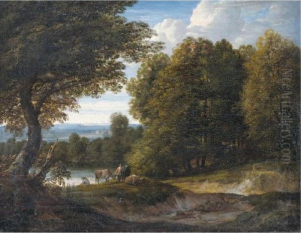 A Wooded River Landscape With Cattle And Two Figures - view 1