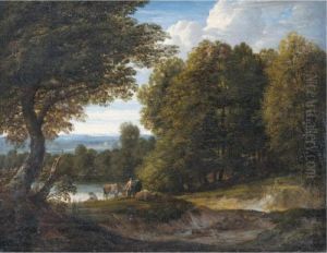 A Wooded River Landscape With Cattle And Two Figures by Jacques D Arthois