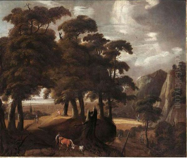 A Wooded Landscape With A
Peasant And His Herd Together With Other Travellers On A Path, A Village
In The Background - view 1