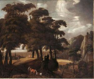 A Wooded Landscape With A
Peasant And His Herd Together With Other Travellers On A Path, A Village
In The Background by Jacques D Arthois