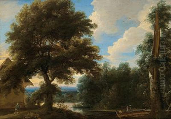 Paesaggio Boschivo Con Uno Stagno E Figure - view 1