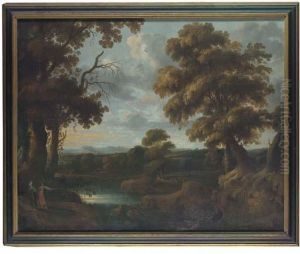 A Wooded River Landscape With Exotic Figures Gesturing Andshepherds, Mountains Beyond by Jacques D Arthois