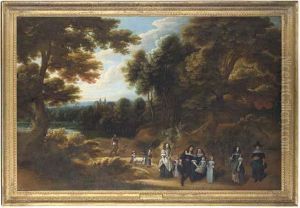 Group Portrait Of A Family In A Wooded Landscape With A Lake Andcastle Beyond by Jacques D Arthois