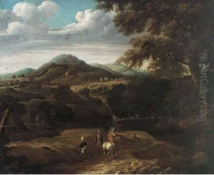 A Wooded Mountainous Landscape With Travellers On A Track by Jacques D Arthois