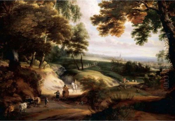 A Wooded Landscape With
Huntsmen, Drovers And Cattle On A Track In The Foreground, A Church In
The Distance - view 1