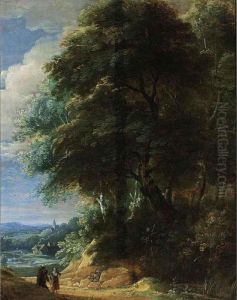 A Wooded Landscape With Two Travellers Conversing On A Path