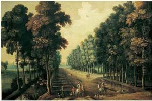 Cavaliers Dans Une Allee Bordee D'arbres Cavaliers Dans Une Allee Bordee D'arbres
