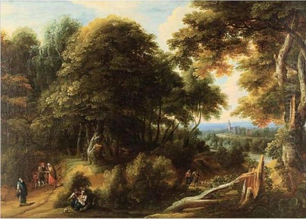 Extensive Landscape With Travelers And A Town In A Distance - view 1