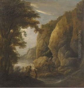 A Mountain Gorge With Travellers On A Path