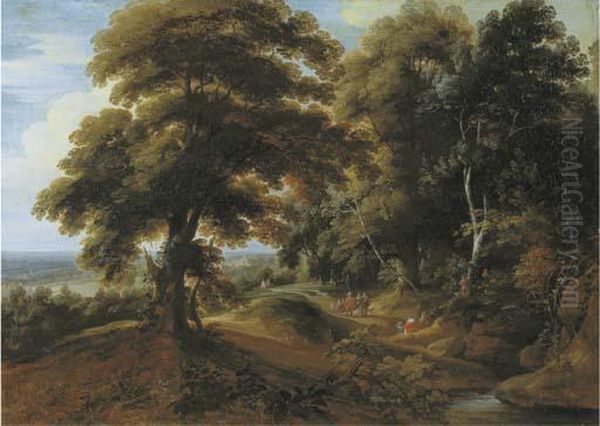 A Wooded Landscape With Elegant Figures On A Path - view 1