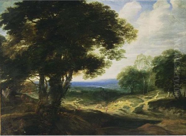 An Extensive Wooded Landscape 
With Travellers Resting On A Path And A Horse- Drawn Cart On The Left - view 1