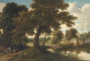 A Wooded Village Landscape With A
Drover And His Cattle Crossing A Ford And Figures On A Track by Jacques D Arthois