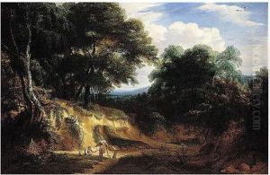 A Wooded Landscape With Huntsmen Resting In A Clearing By A Pond