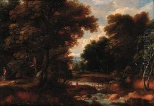 A Wooded River Landscape With Figures On A Track, A Churchbeyond
