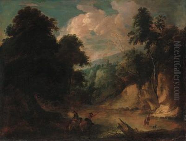 A Rocky River Landscape With A Fisherman And A Drover Wateringcattle - view 1