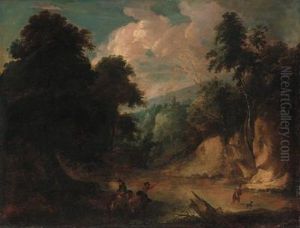 A Rocky River Landscape With A Fisherman And A Drover Wateringcattle by Jacques D Arthois