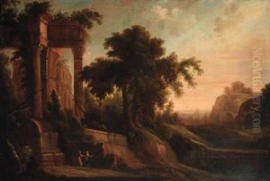 An Italianate Landscape With Figures By A Ruined Classicaltemple