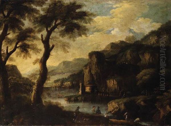 A Mountainous River Landscape With Figures On A Path - view 1