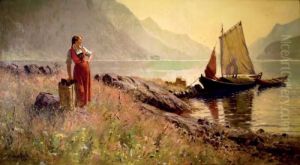Femme Au Bord D'un Lac Norvegien. Femme Au Bord D'un Lac Norvegien.