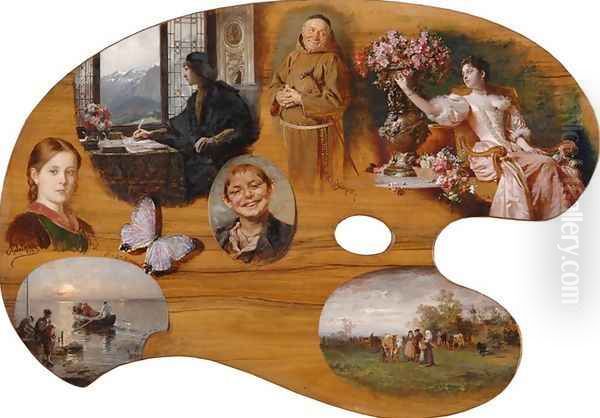 Palette with Motives from Eduard von Grutzner 1848-1925; Franz von Defregger 1835-1925; Josef Wopfner 1843-1927; Georgios Jakobides 1853-1932; Robert Schleich 1845-1934; August Joh. Holmberg 1851-1911; Hermann G. Kricheldorf 1867-1949 - view 1