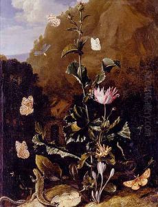 Still Life Of A Thistle And Other Flowers Surrounded By Moths, A Dragonfly, A Lizard, And A Snake, In A Landscape