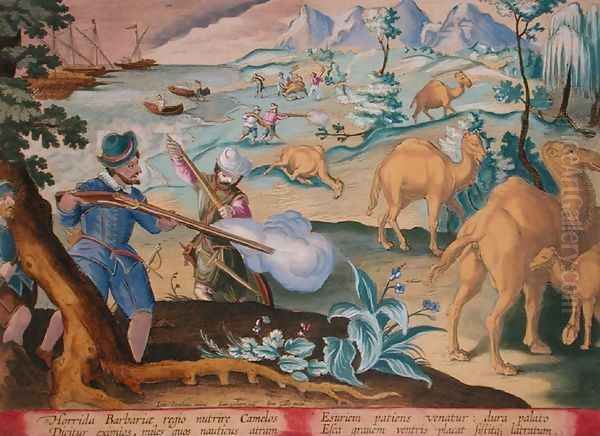Sailors in a Horrid Barbarian Country Kill Camels with Muskets to Relieve their Hunger, plate 28 Venationes Ferarum, Avium, Piscium Of Hunting Wild Beasts, Birds, Fish engraved by Jan Collaert 1566-1628 published by Phillipus Gallaeus of Amsterdam - view 1