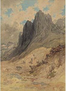 Troupeau De Vaches Dans Un Paysage Montagneux by Gustave Dore