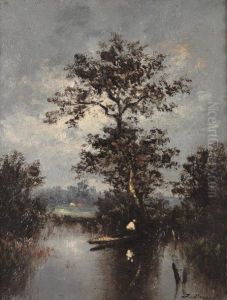 Pecheur En Barque Pres De L'isle-adam by Jules Dupre